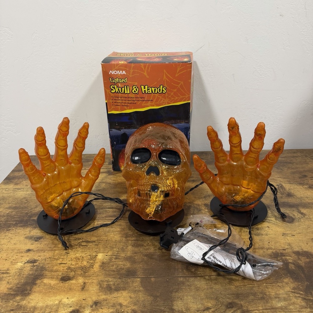 Vintage Noma Halloween Ligted Skull & Hands Plastic Yard Decoration Outdoor